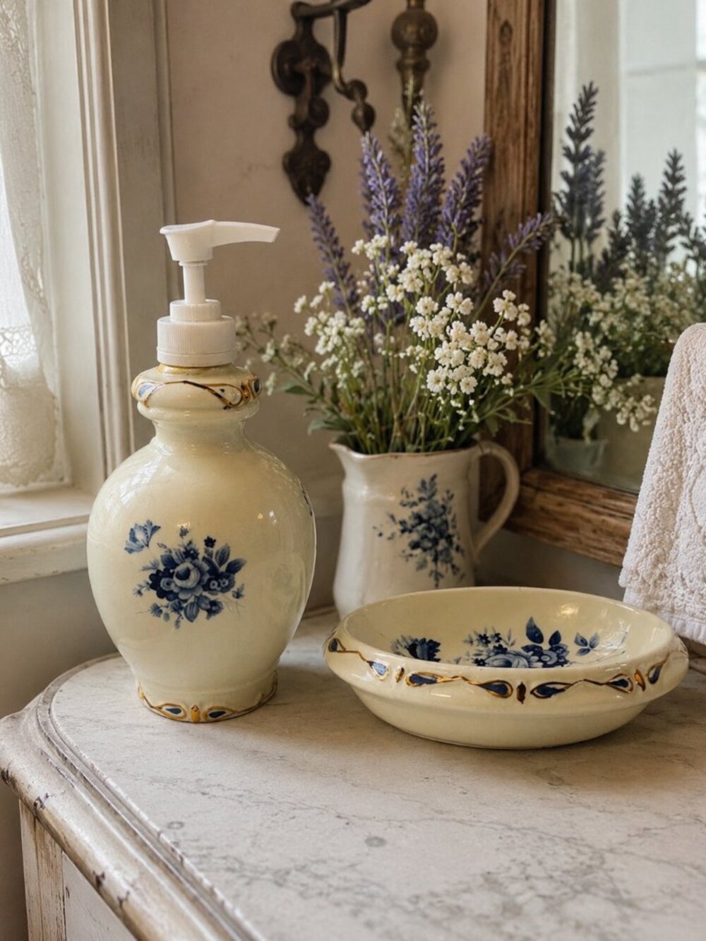 Ceramic Soap Dispenser & Soap Dish Set – Blue Floral Gold Trim